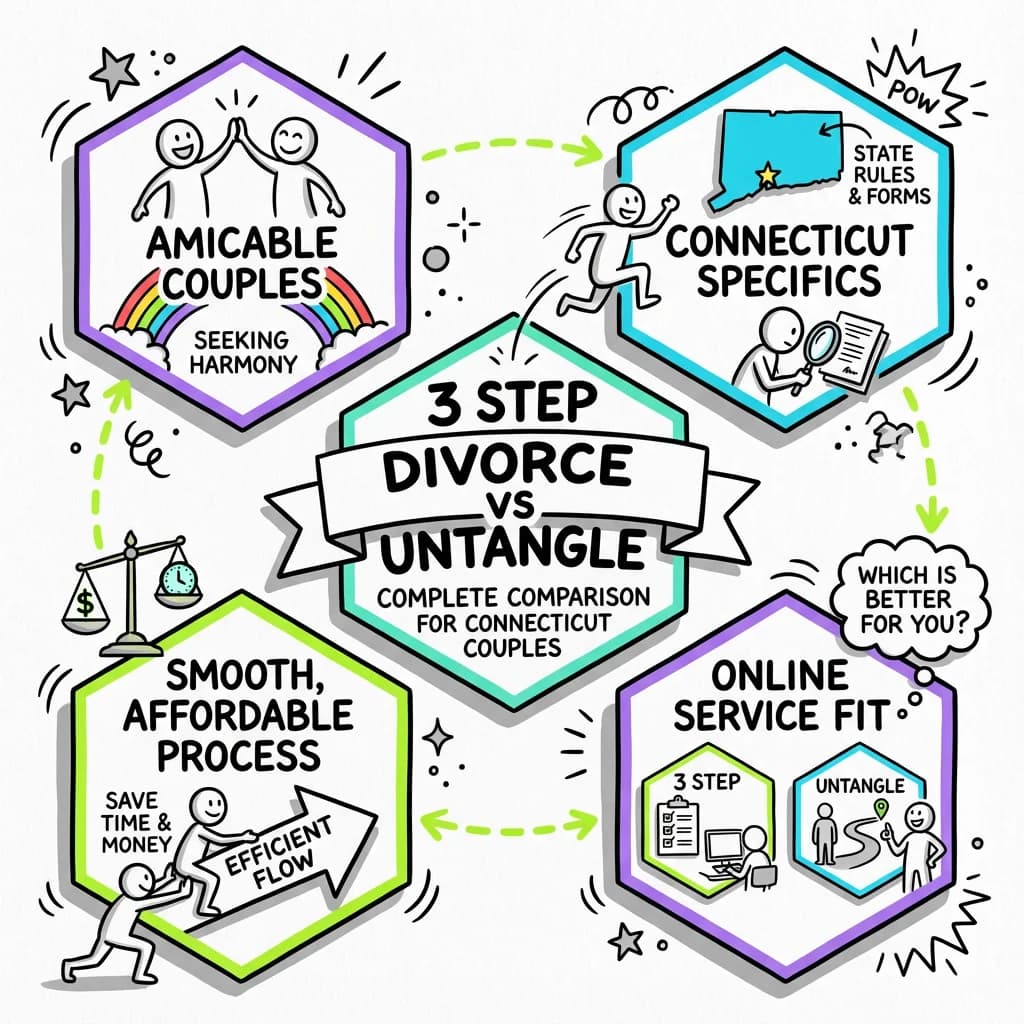 Illustrated guide summarizing the main points about 3 Step Divorce vs Untangle: Complete Comparison for Connecticut Couples