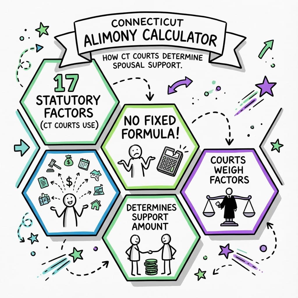 Sketchnote visual guide for Connecticut Alimony Calculator: How CT Courts Determine Spousal Support