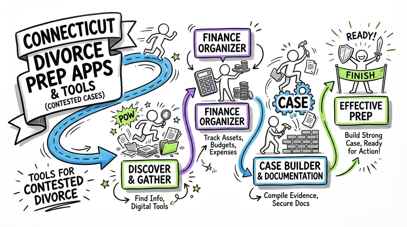 Visual overview showing the key steps and concepts for Best Apps for Divorce Case Preparation in Connecticut | Tools for Contested Divorce in Connecticut