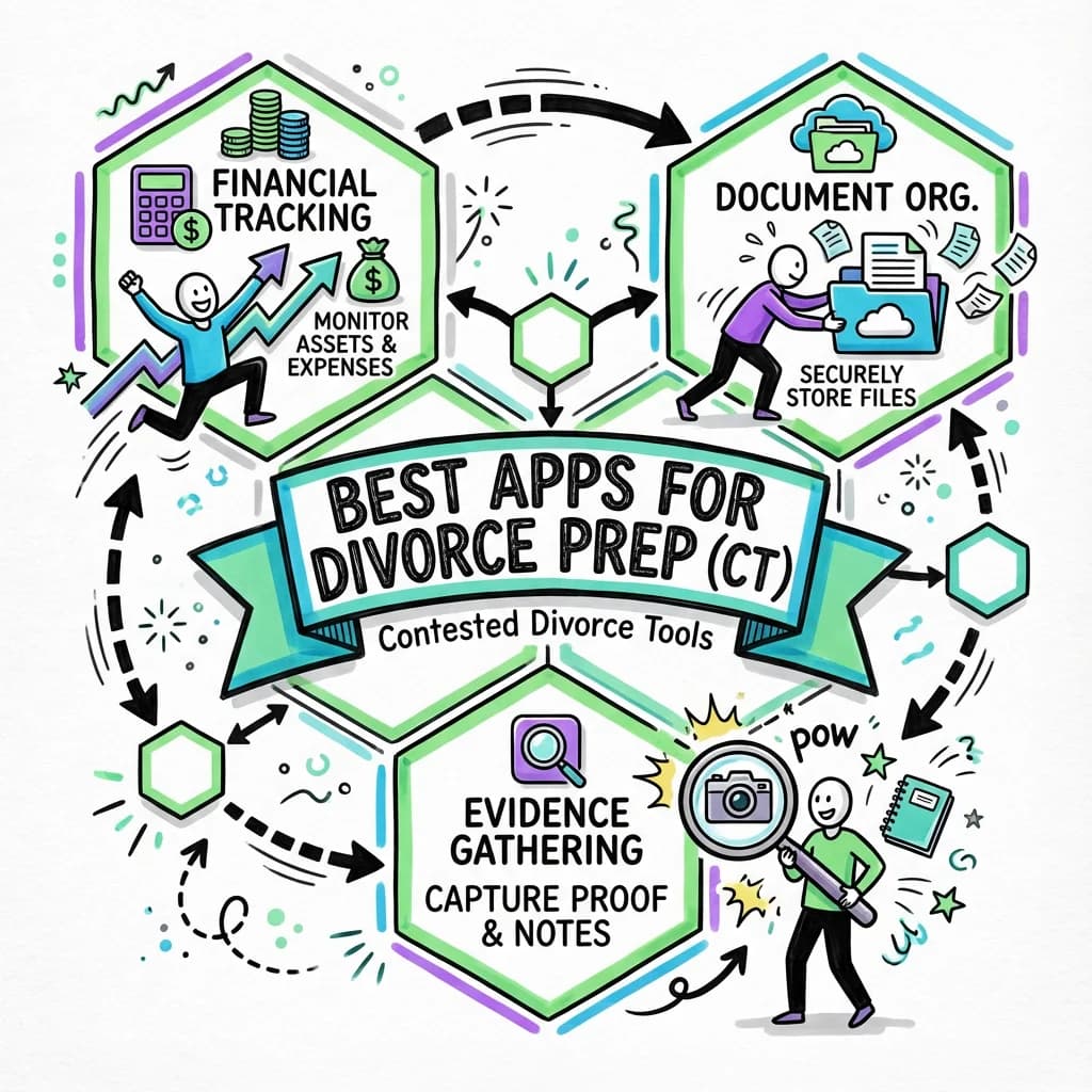 Illustrated guide summarizing the main points about Best Apps for Divorce Case Preparation in Connecticut | Contested Divorce Tools
