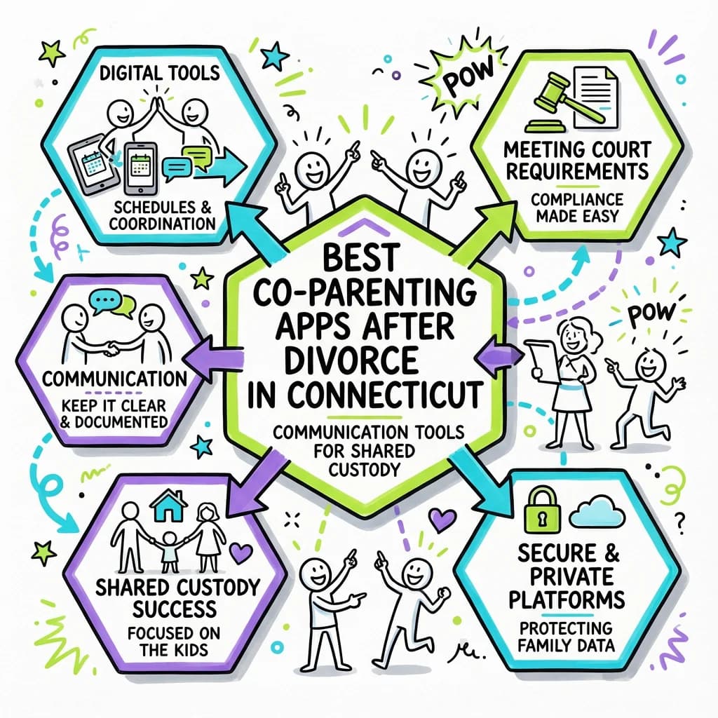 Illustrated guide summarizing the main points about Best Co-Parenting Apps After Divorce in Connecticut | Communication Tools for Shared Custody