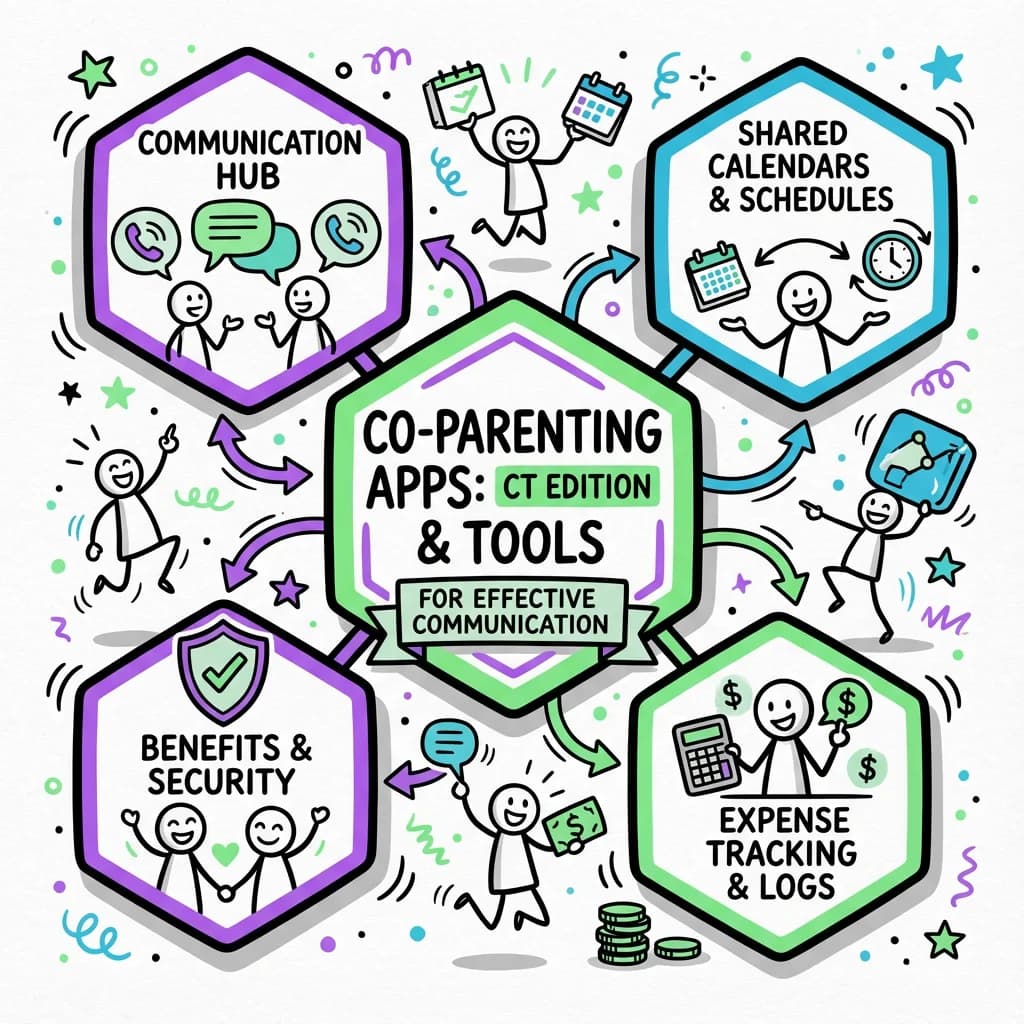 Illustrated guide summarizing the main points about Best Co-Parenting Apps After Divorce in Connecticut | Tools for Effective Communication