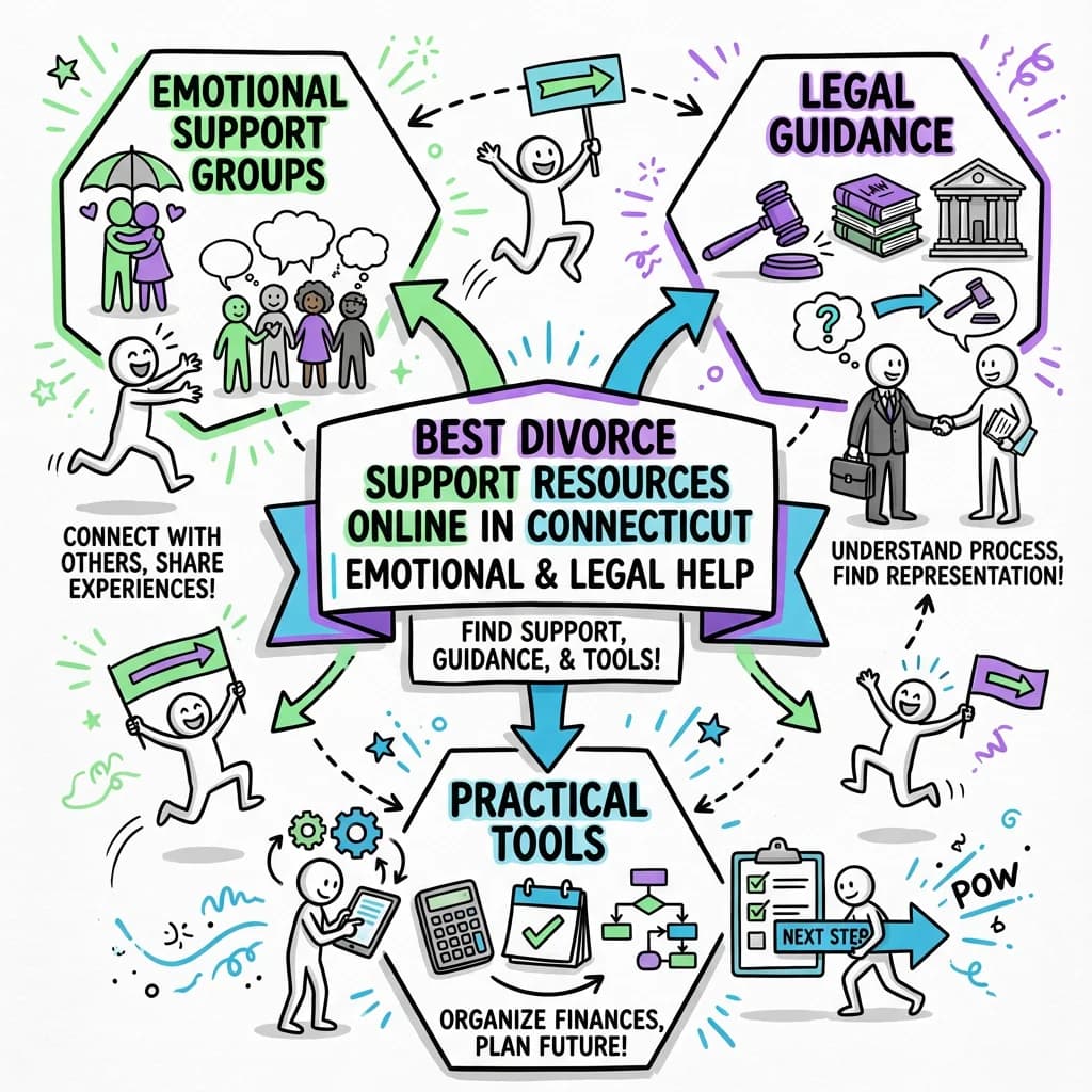 Illustrated guide summarizing the main points about Best Divorce Support Resources Online in Connecticut | Emotional & Legal Help
