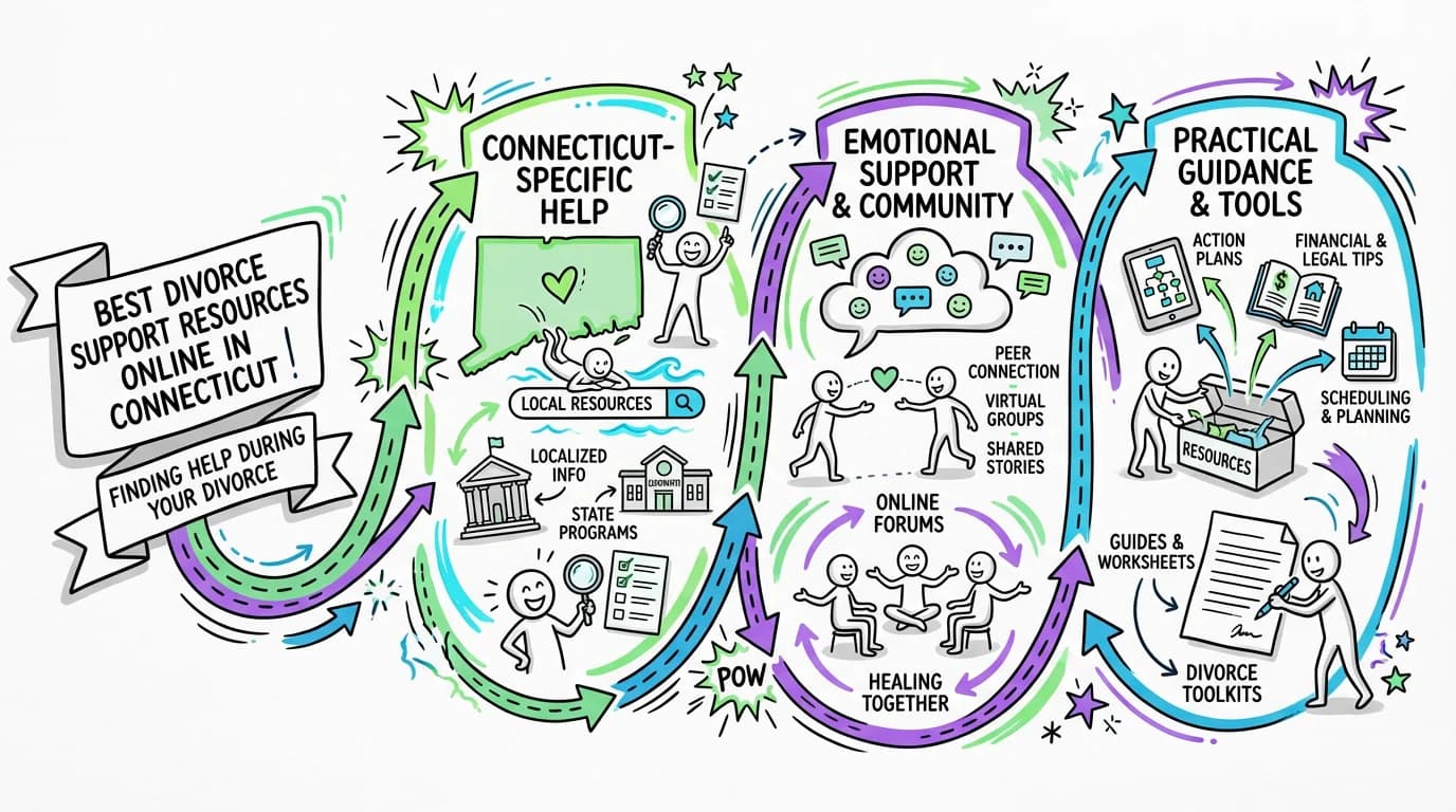 Visual overview showing the key steps and concepts for Best Divorce Support Resources Online in Connecticut | Finding Help During Your Divorce in Connecticut