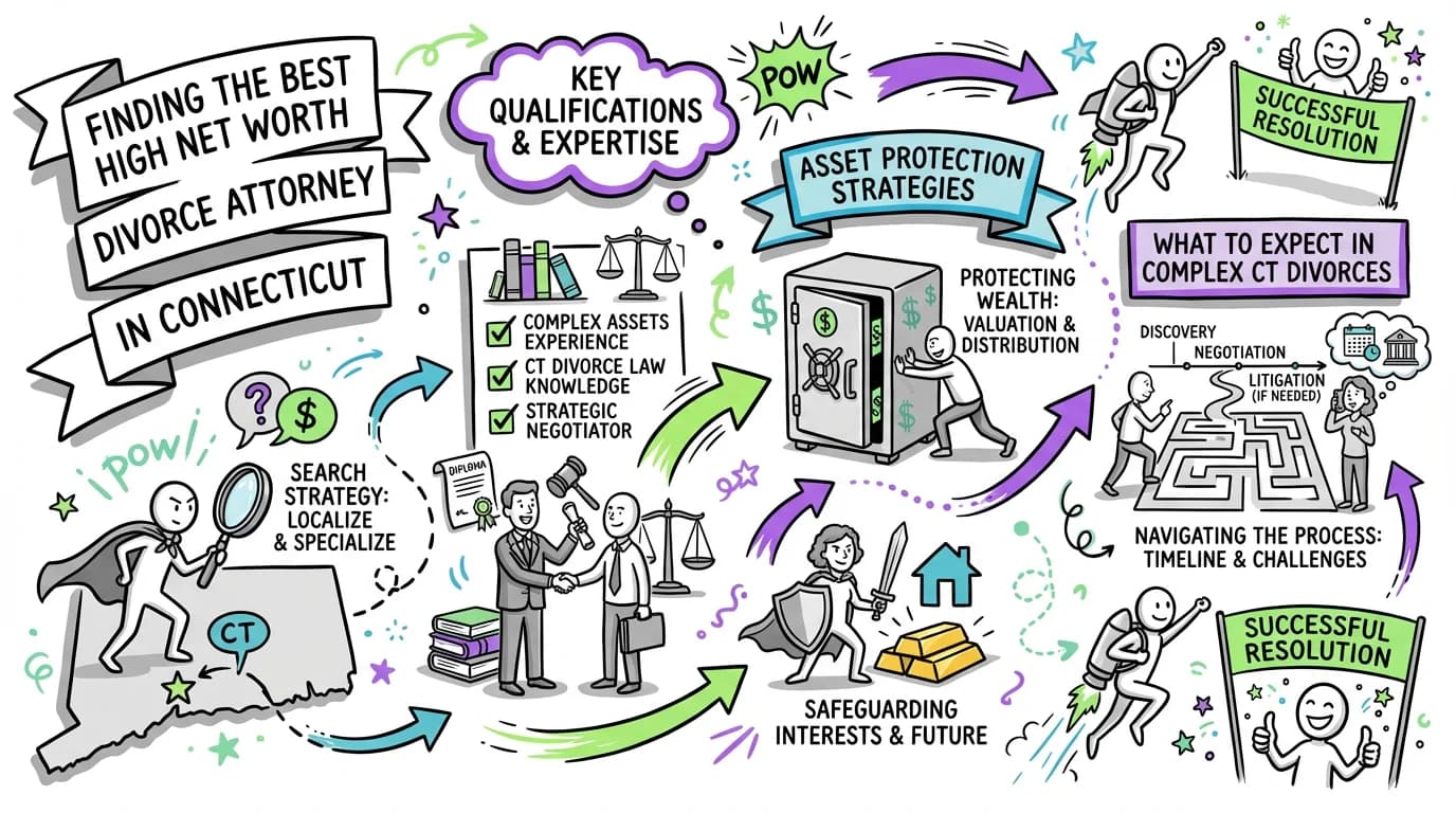 Visual overview showing the key steps and concepts for Finding the Best High Net Worth Divorce Attorney in Connecticut in Connecticut