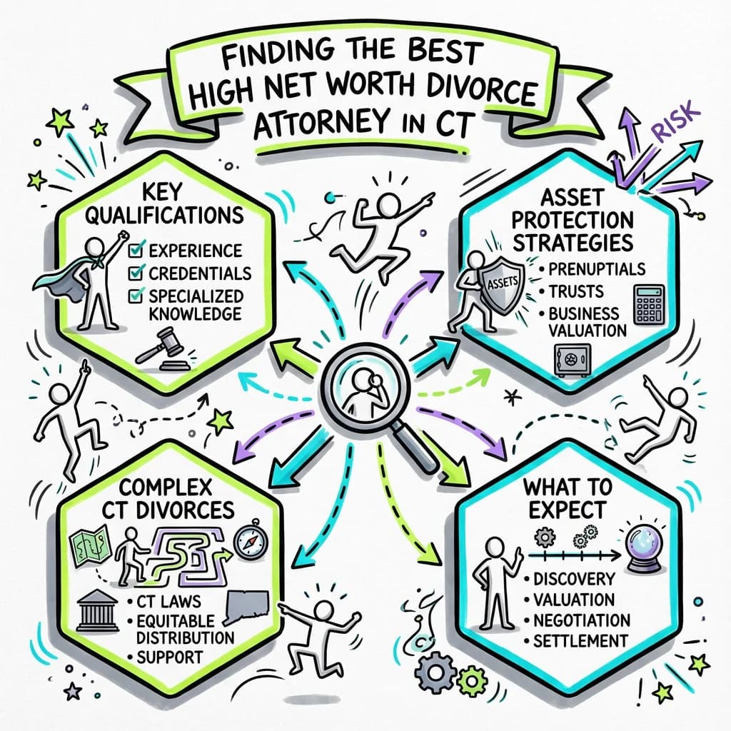 Illustrated guide summarizing the main points about Finding the Best High Net Worth Divorce Attorney in Connecticut