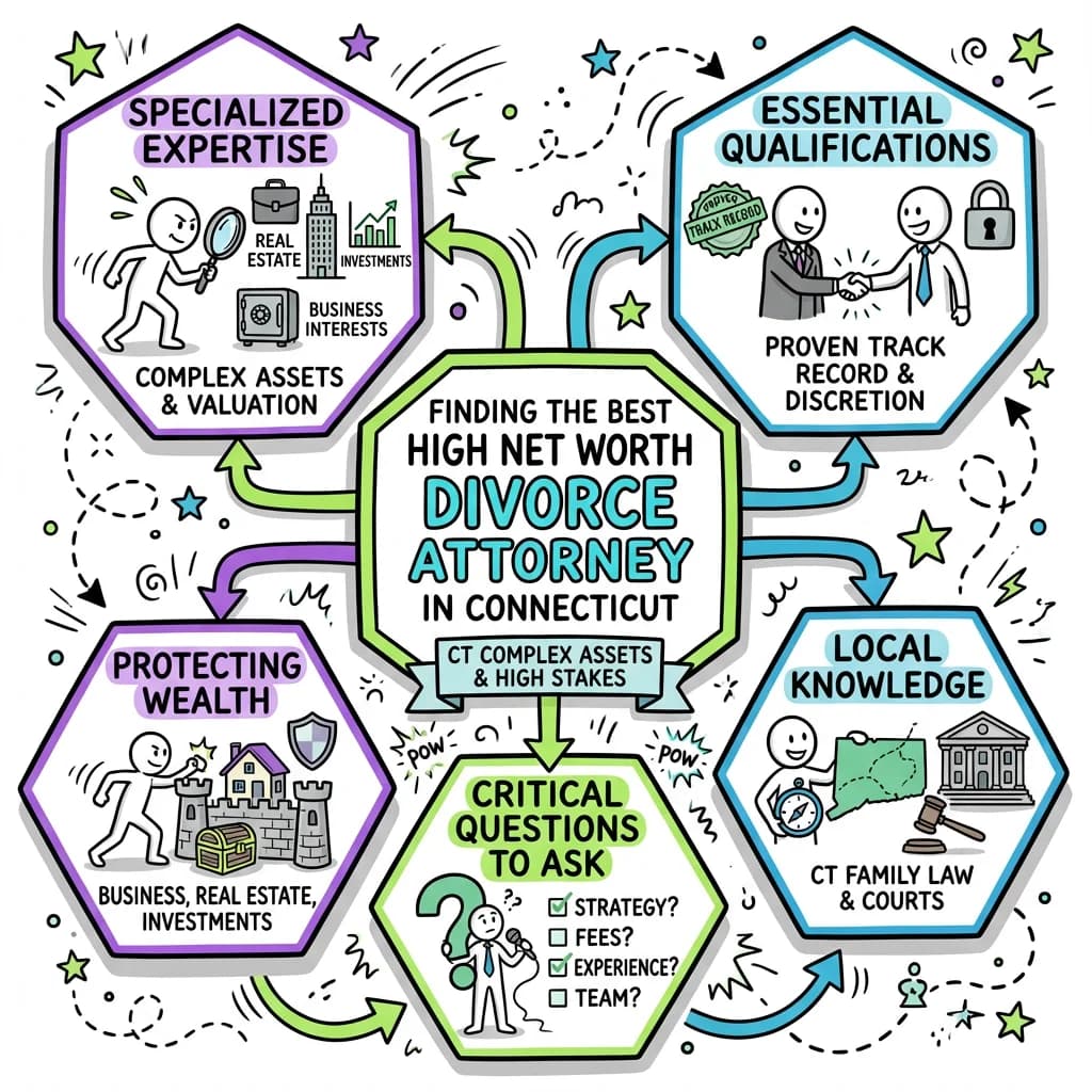 Illustrated guide summarizing the main points about Finding the Best High Net Worth Divorce Attorney in Connecticut
