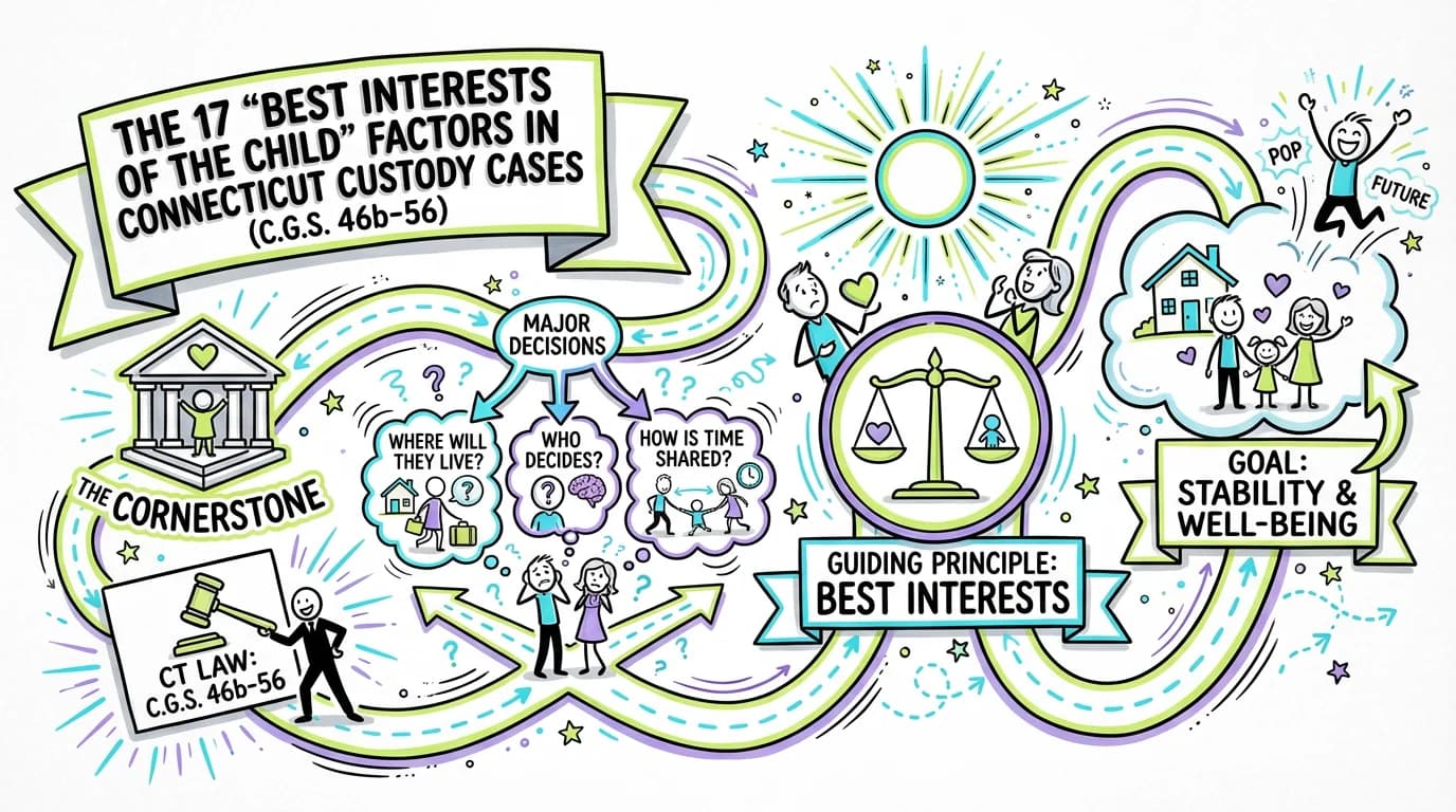 Sketchnote visual guide for The 17 'Best Interests of the Child' Factors in Connecticut Custody Cases (C.G.S. 46b-56)