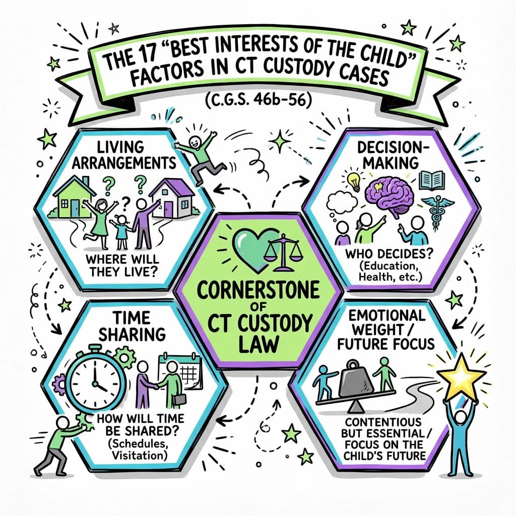 Sketchnote visual guide for The 17 'Best Interests of the Child' Factors in Connecticut Custody Cases (C.G.S. 46b-56)