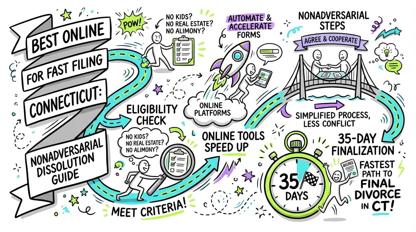 Visual overview showing the key steps and concepts for Best Online Divorce for Fast Filing in Connecticut: Nonadversarial Dissolution Guide in Connecticut
