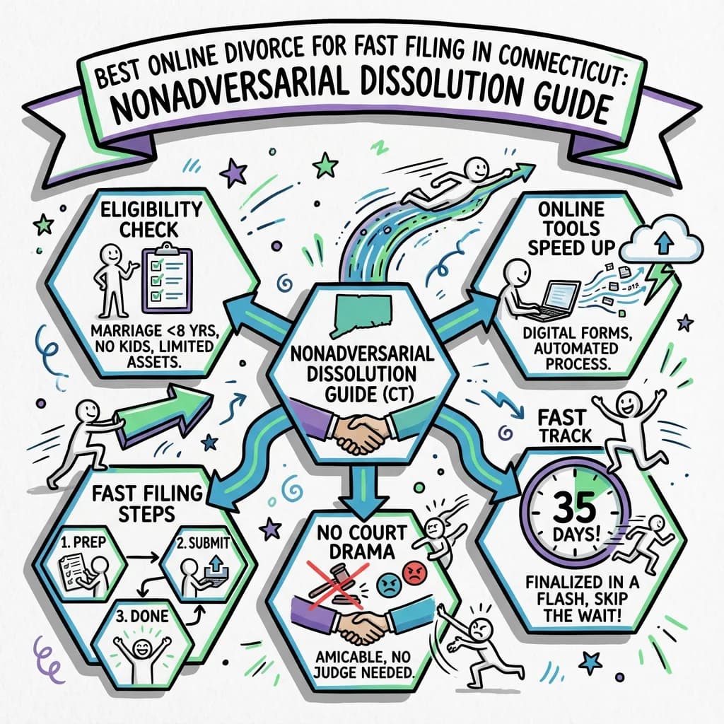 Illustrated guide summarizing the main points about Best Online Divorce for Fast Filing in Connecticut: Nonadversarial Dissolution Guide