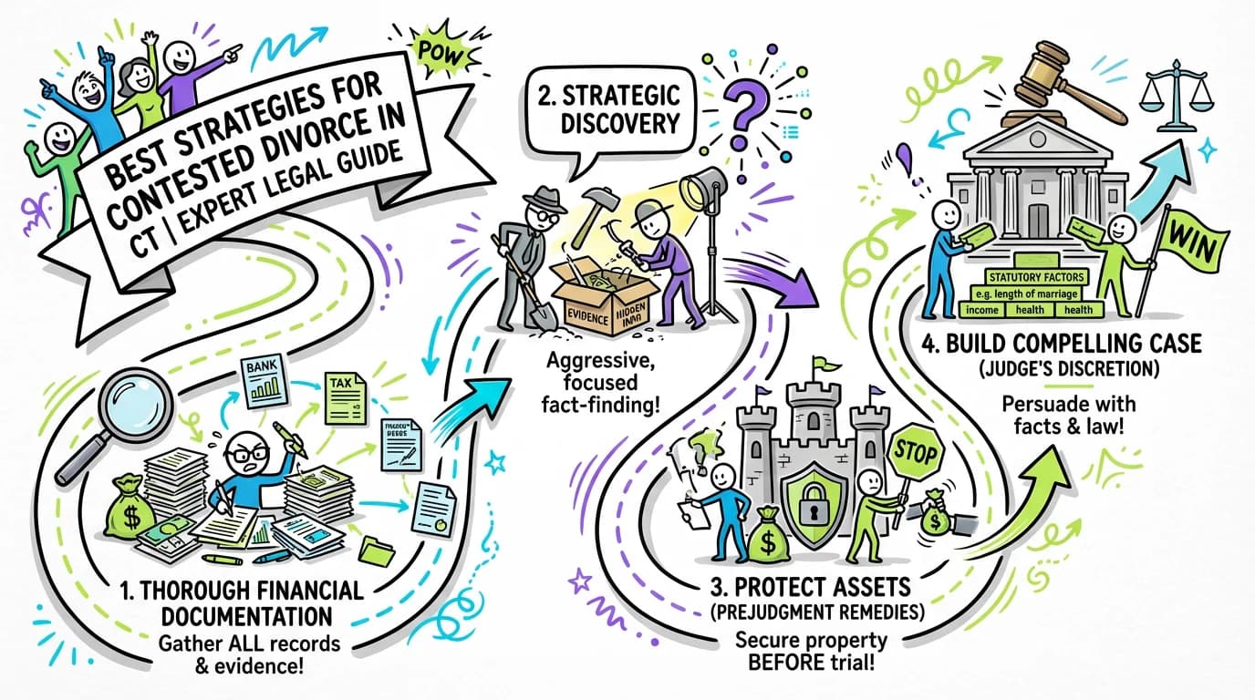 Sketchnote visual guide for Best Strategies for Contested Divorce in Connecticut | Expert Legal Guide
