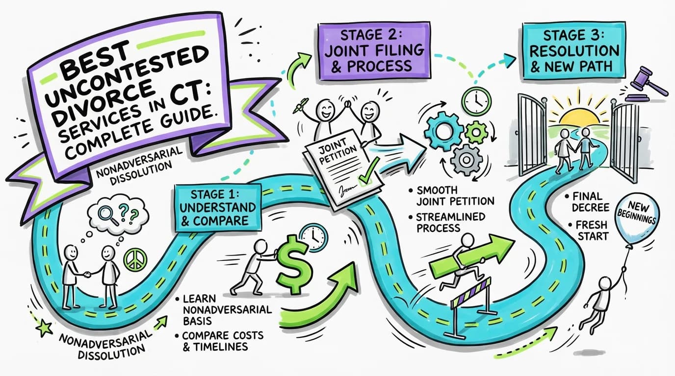 Sketchnote visual guide for Best Uncontested Divorce Services in Connecticut: Complete Guide to Nonadversarial Dissolution