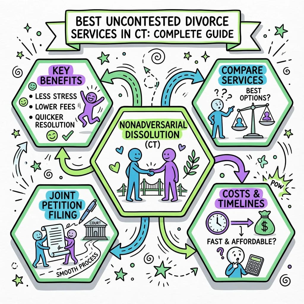 Sketchnote visual guide for Best Uncontested Divorce Services in Connecticut: Complete Guide to Nonadversarial Dissolution