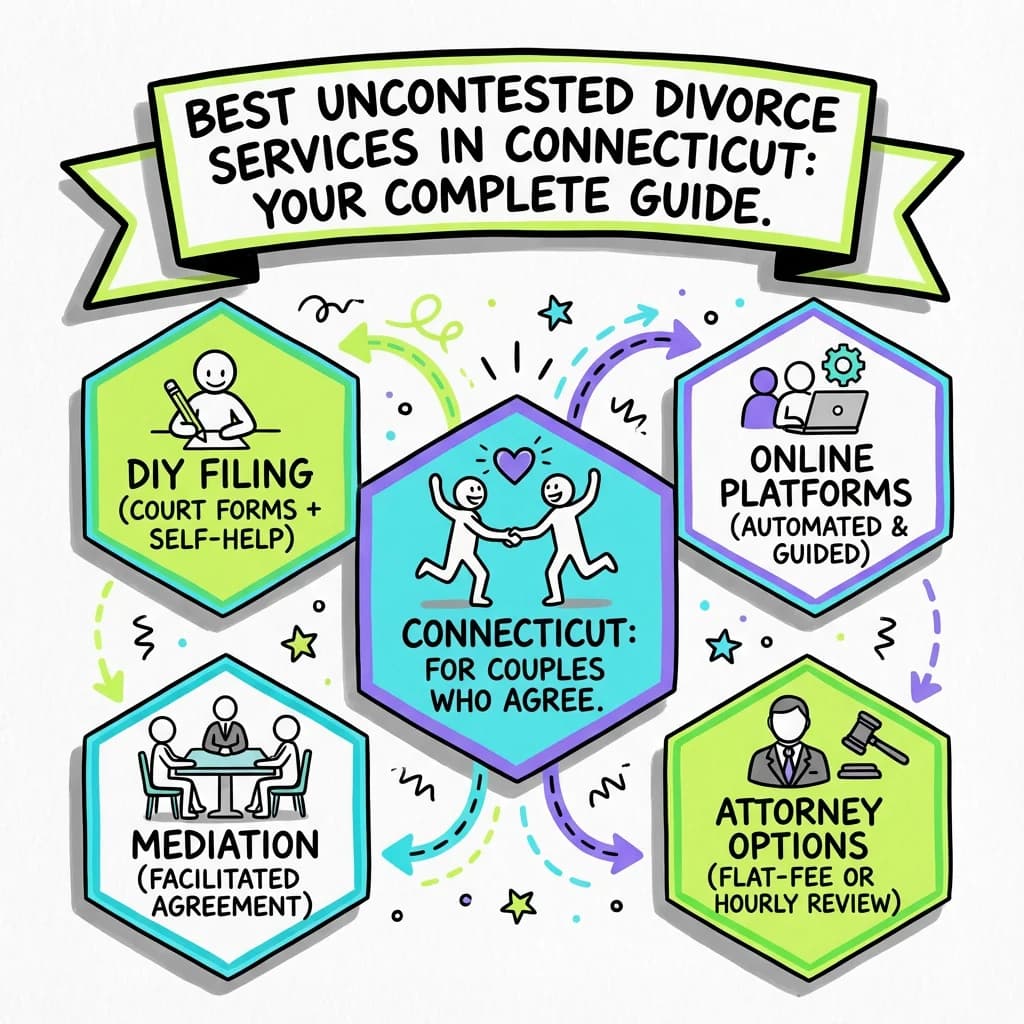 Sketchnote visual guide for Best Uncontested Divorce Services in Connecticut: Your Complete Guide