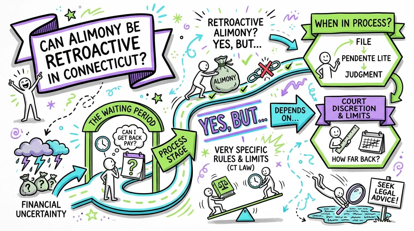 Sketchnote visual guide for Can alimony be retroactive in Connecticut?