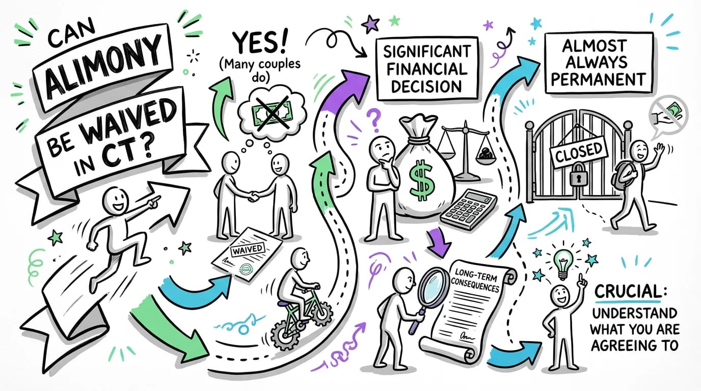 Sketchnote visual guide for Can alimony be waived in Connecticut?