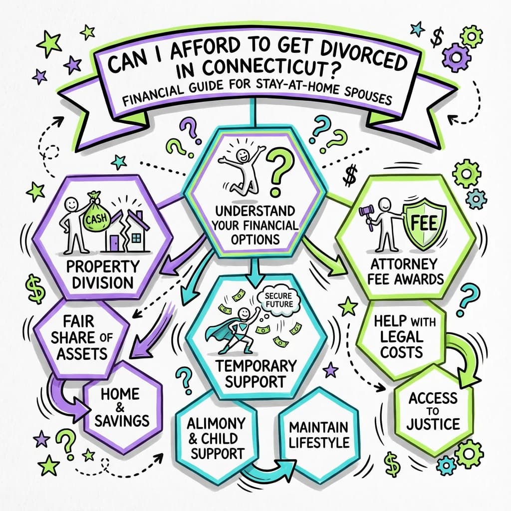 Illustrated guide summarizing the main points about Can I Afford to Get Divorced in Connecticut? Financial Guide for Stay-at-Home Spouses