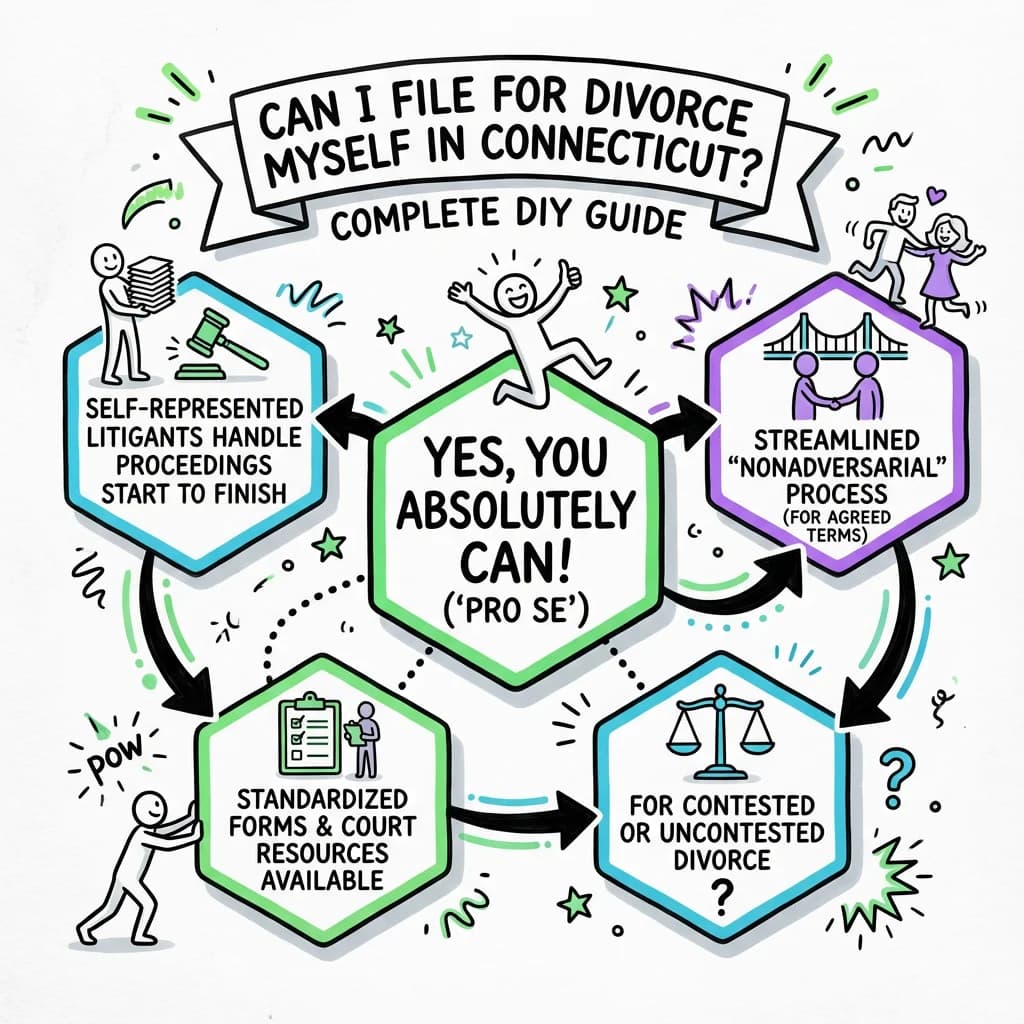 Sketchnote visual guide for Can I File for Divorce Myself in Connecticut? Complete DIY Guide