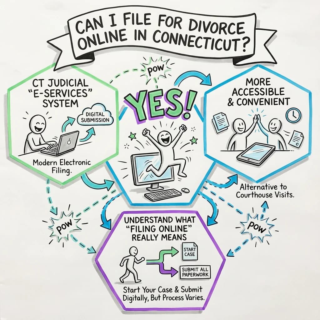 Sketchnote visual guide for Can I file for divorce online in Connecticut?