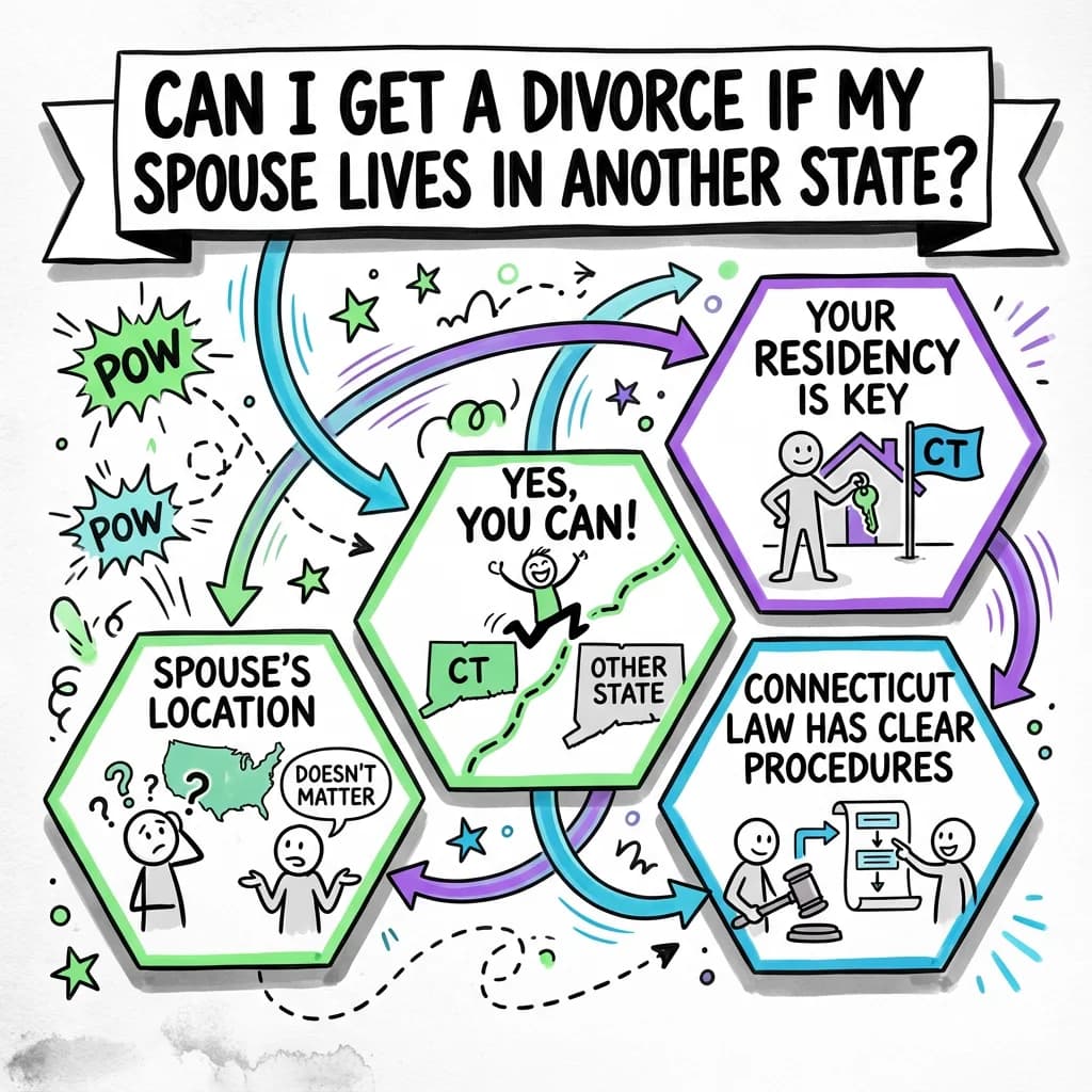 Sketchnote visual guide for Can I get a divorce if my spouse lives in another state?