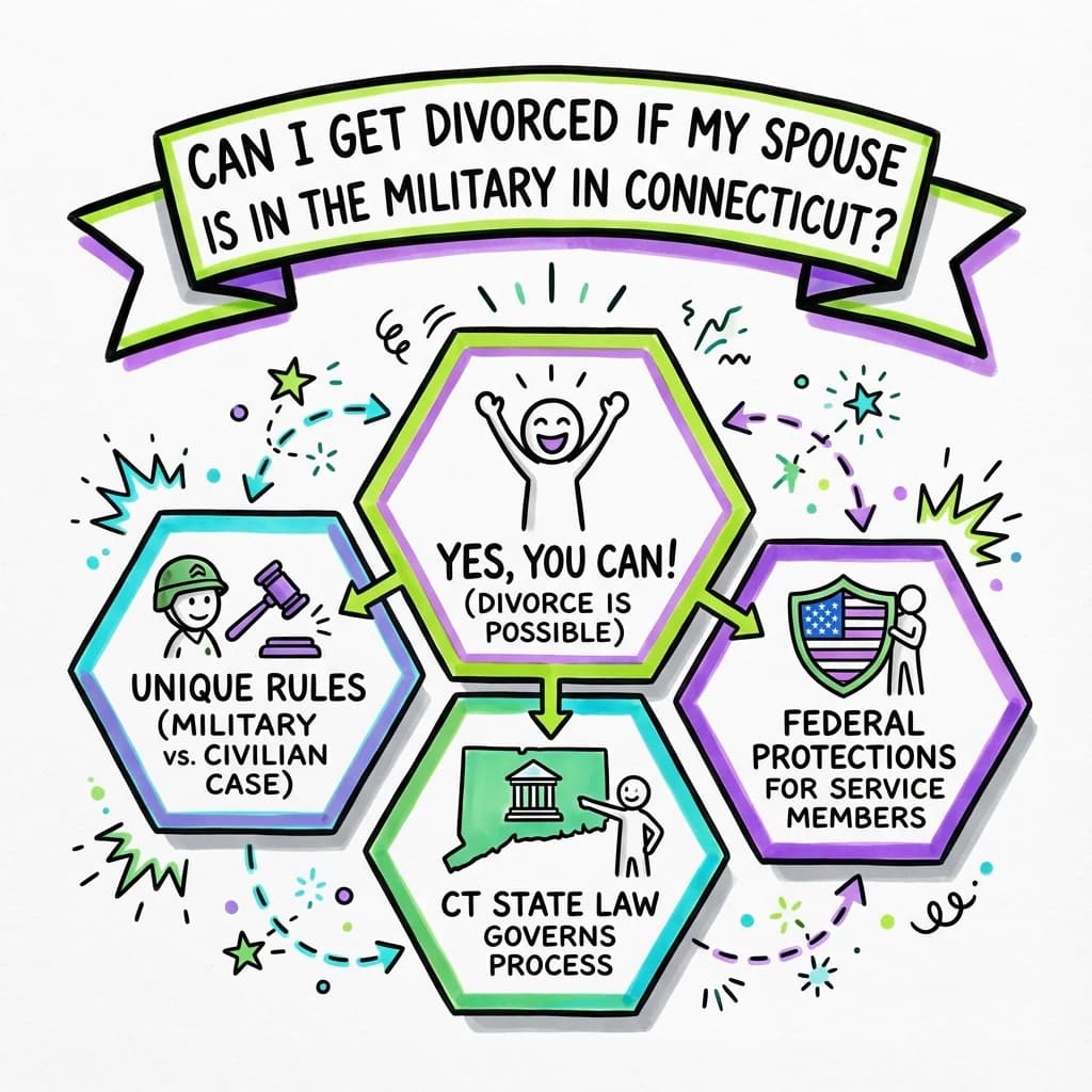 Sketchnote visual guide for Can I get divorced if my spouse is in the military in Connecticut?