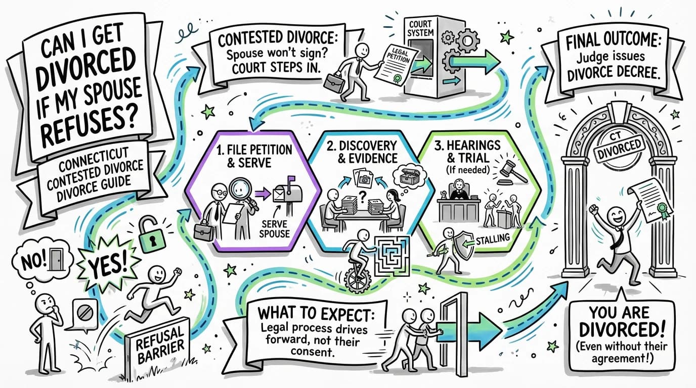 Visual overview showing the key steps and concepts for Can I Get Divorced If My Spouse Refuses? Connecticut Contested Divorce Guide in Connecticut
