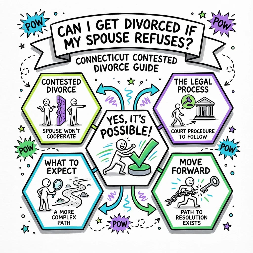 Illustrated guide summarizing the main points about Can I Get Divorced If My Spouse Refuses? Connecticut Contested Divorce Guide