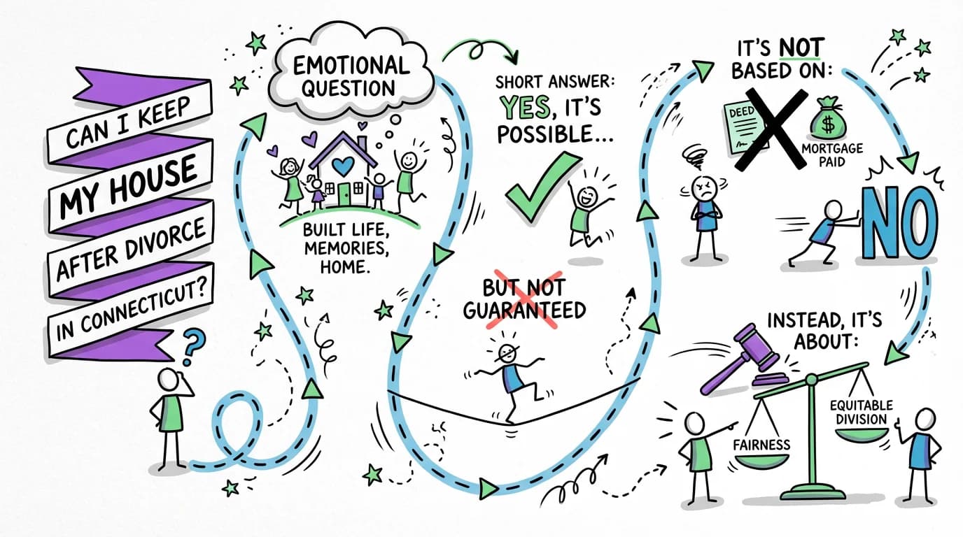 Sketchnote visual guide for Can I keep my house after divorce in Connecticut?