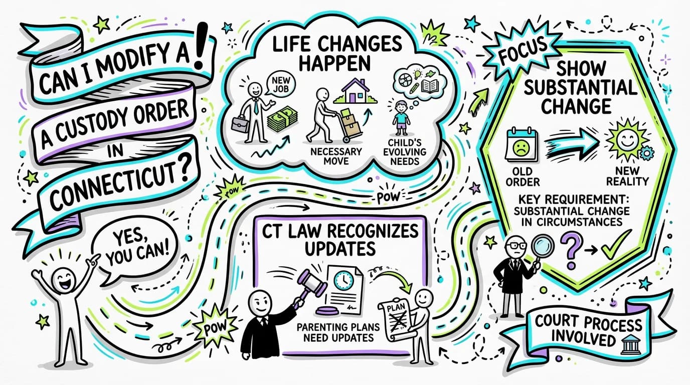Sketchnote visual guide for Can I modify a custody order in Connecticut?
