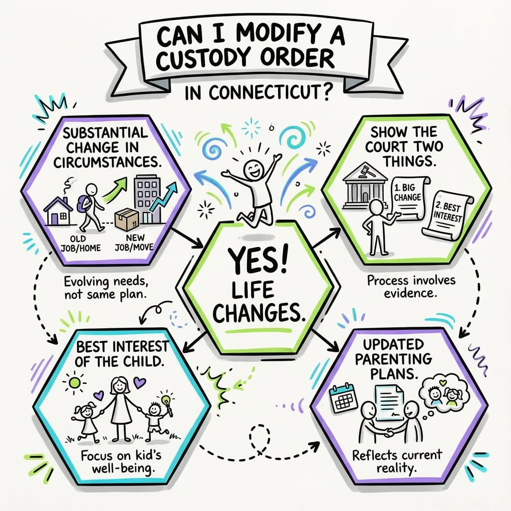 Sketchnote visual guide for Can I modify a custody order in Connecticut?