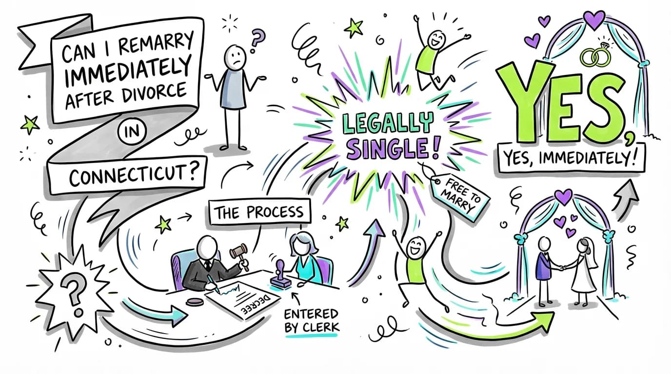 Sketchnote visual guide for Can I remarry immediately after divorce in Connecticut?