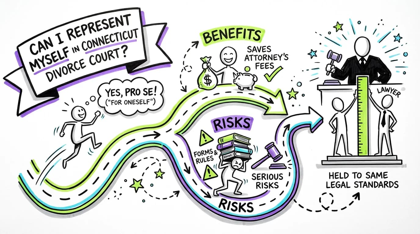 Sketchnote visual guide for Can I represent myself in Connecticut divorce court?