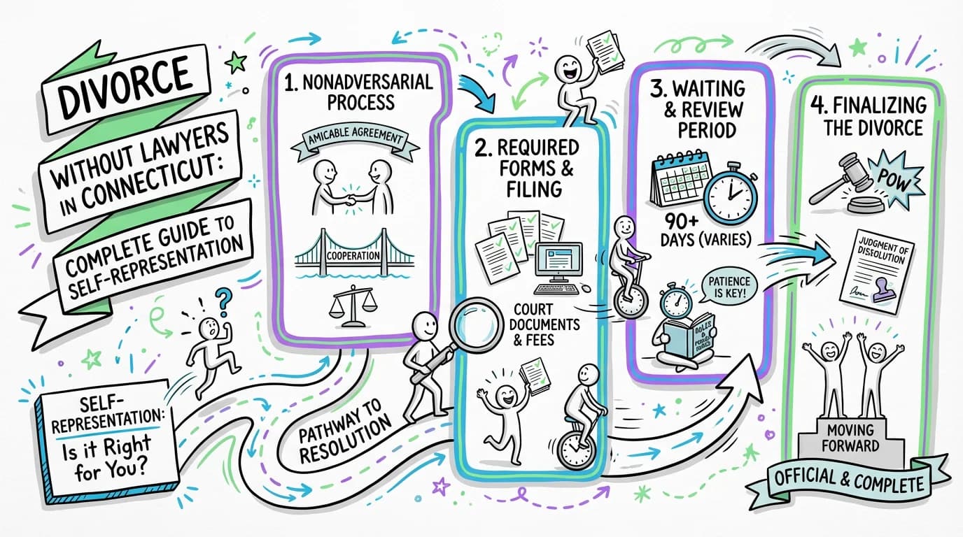 Sketchnote visual guide for Divorce Without Lawyers in Connecticut: Complete Guide to Self-Representation