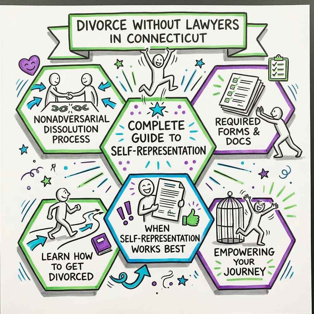 Sketchnote visual guide for Divorce Without Lawyers in Connecticut: Complete Guide to Self-Representation