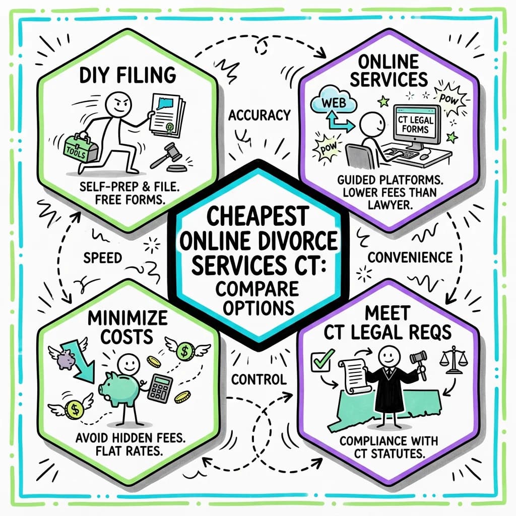 Illustrated guide summarizing the main points about Cheapest Online Divorce Services in Connecticut: Compare Your Options