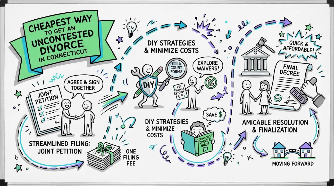 Visual overview showing the key steps and concepts for Cheapest Way to Get an Uncontested Divorce in Connecticut in Connecticut