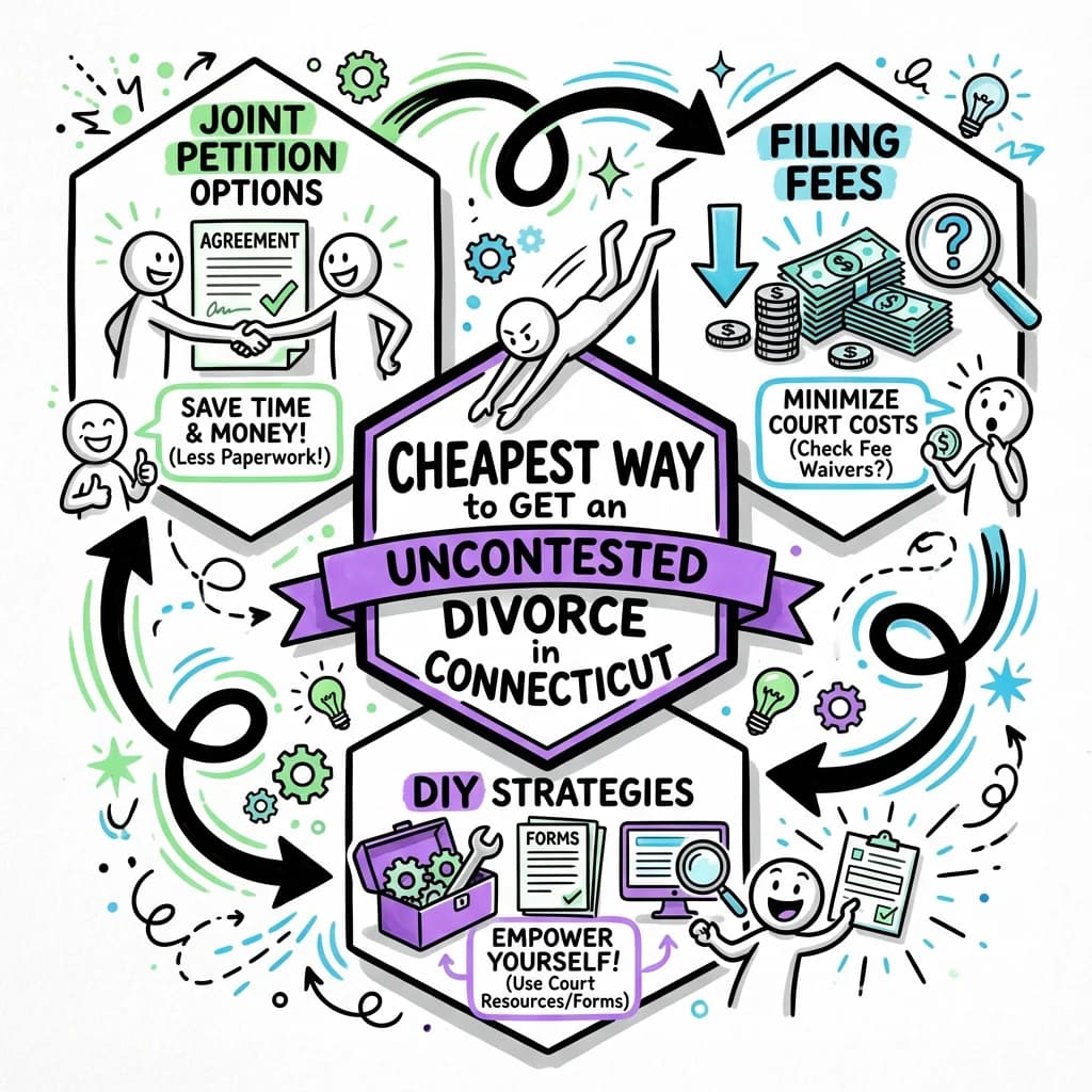 Illustrated guide summarizing the main points about Cheapest Way to Get an Uncontested Divorce in Connecticut