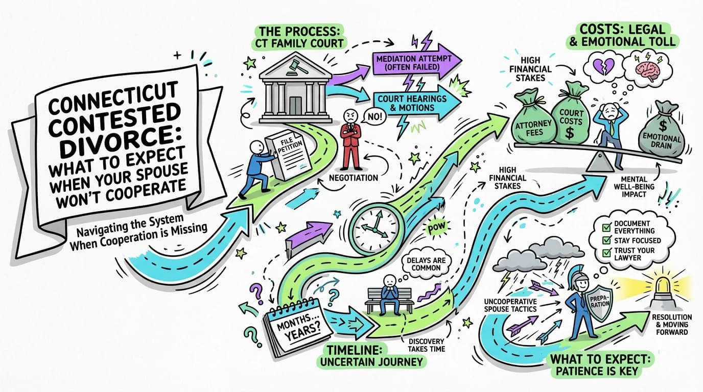 Visual overview showing the key steps and concepts for Connecticut Contested Divorce: What to Expect When Your Spouse Won't Cooperate in Connecticut