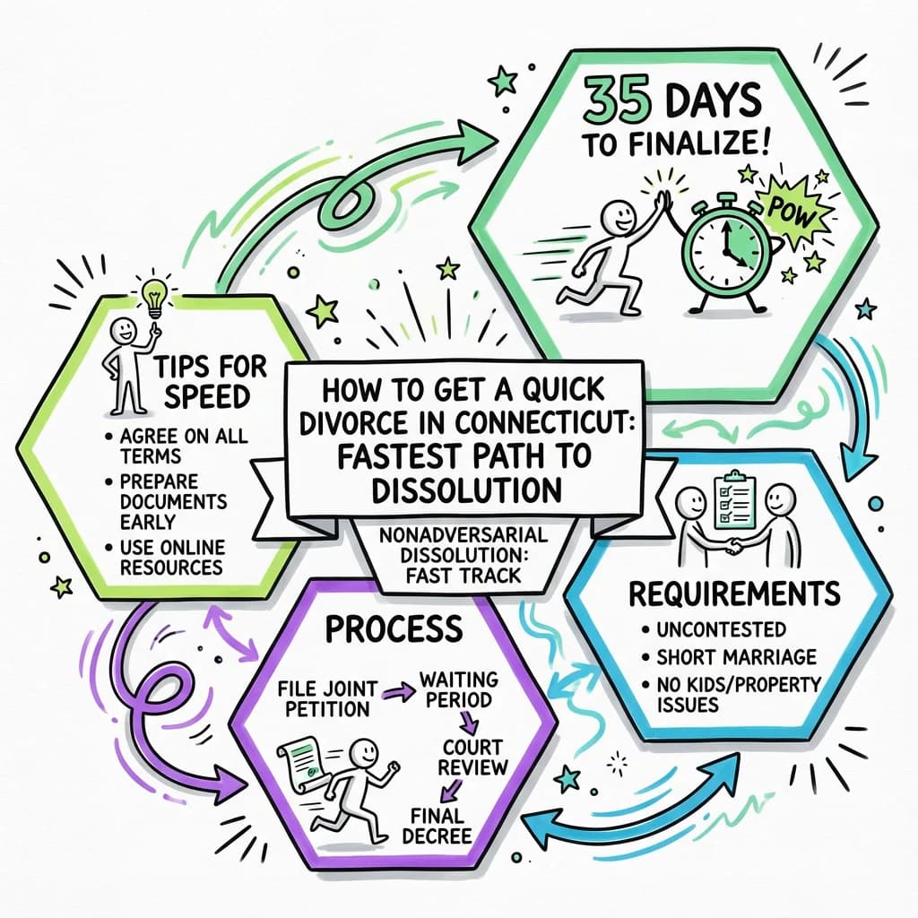 Illustrated guide summarizing the main points about How to Get a Quick Divorce in Connecticut: Fastest Path to Dissolution