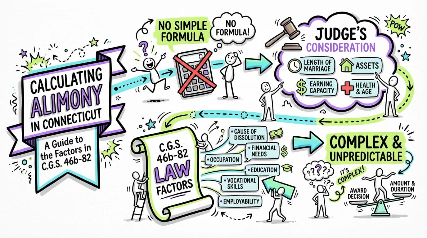 Sketchnote visual guide for Calculating Alimony in Connecticut: A Guide to the Factors in C.G.S. 46b-82