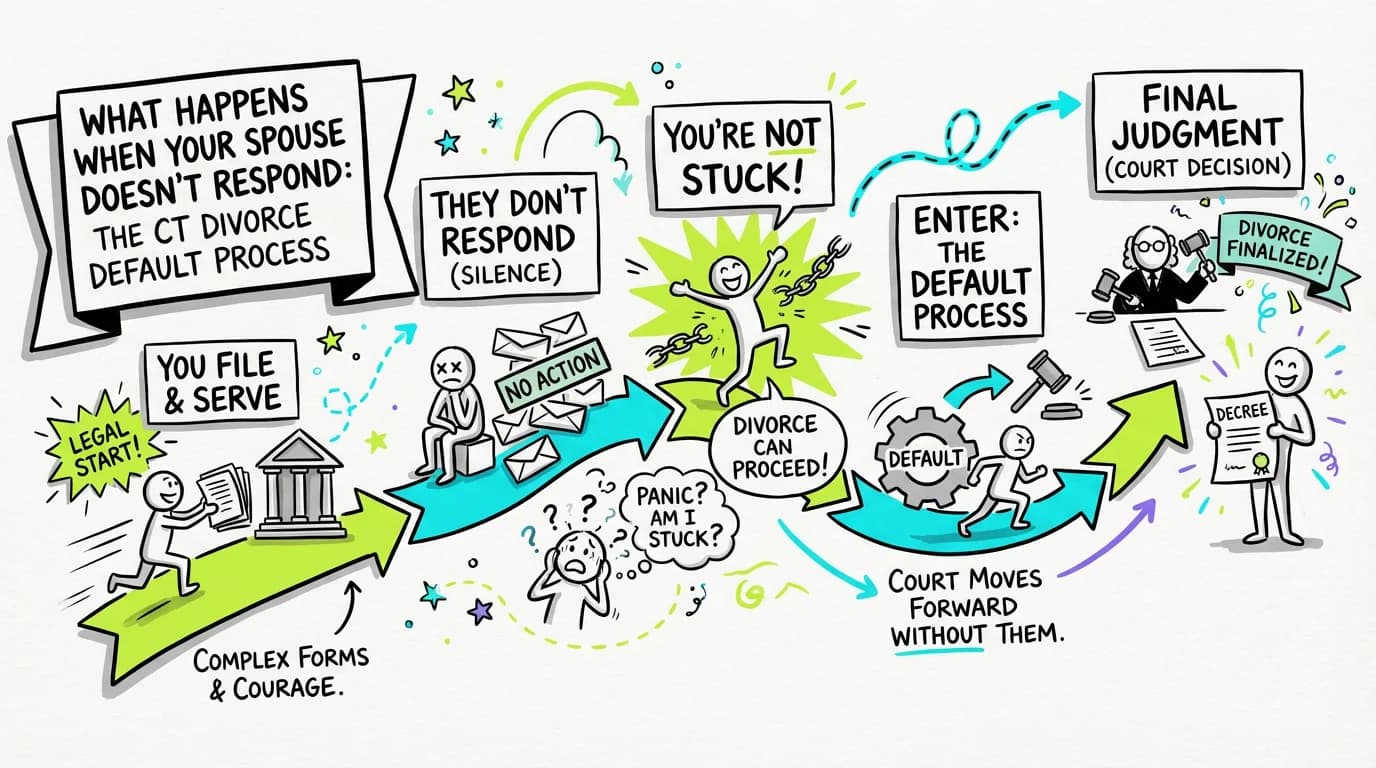 Sketchnote visual guide for What Happens When Your Spouse Doesn't Respond: The CT Divorce Default Process