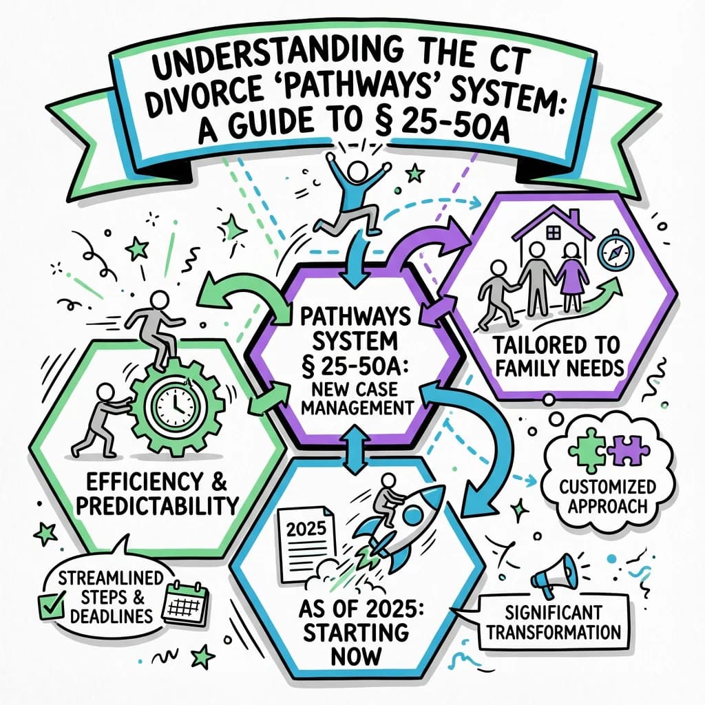 Sketchnote visual guide for Understanding the CT Divorce 'Pathways' System: A Guide to § 25-50A