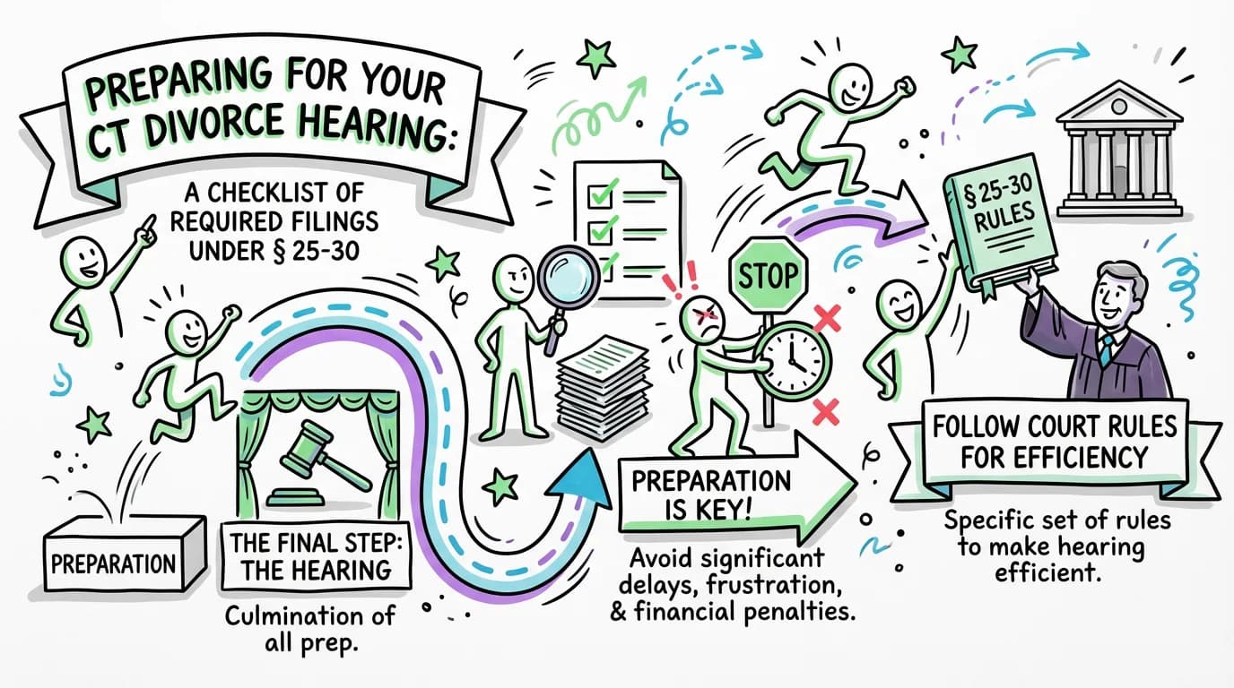 Sketchnote visual guide for Preparing for Your CT Divorce Hearing: A Checklist of Required Filings Under § 25-30