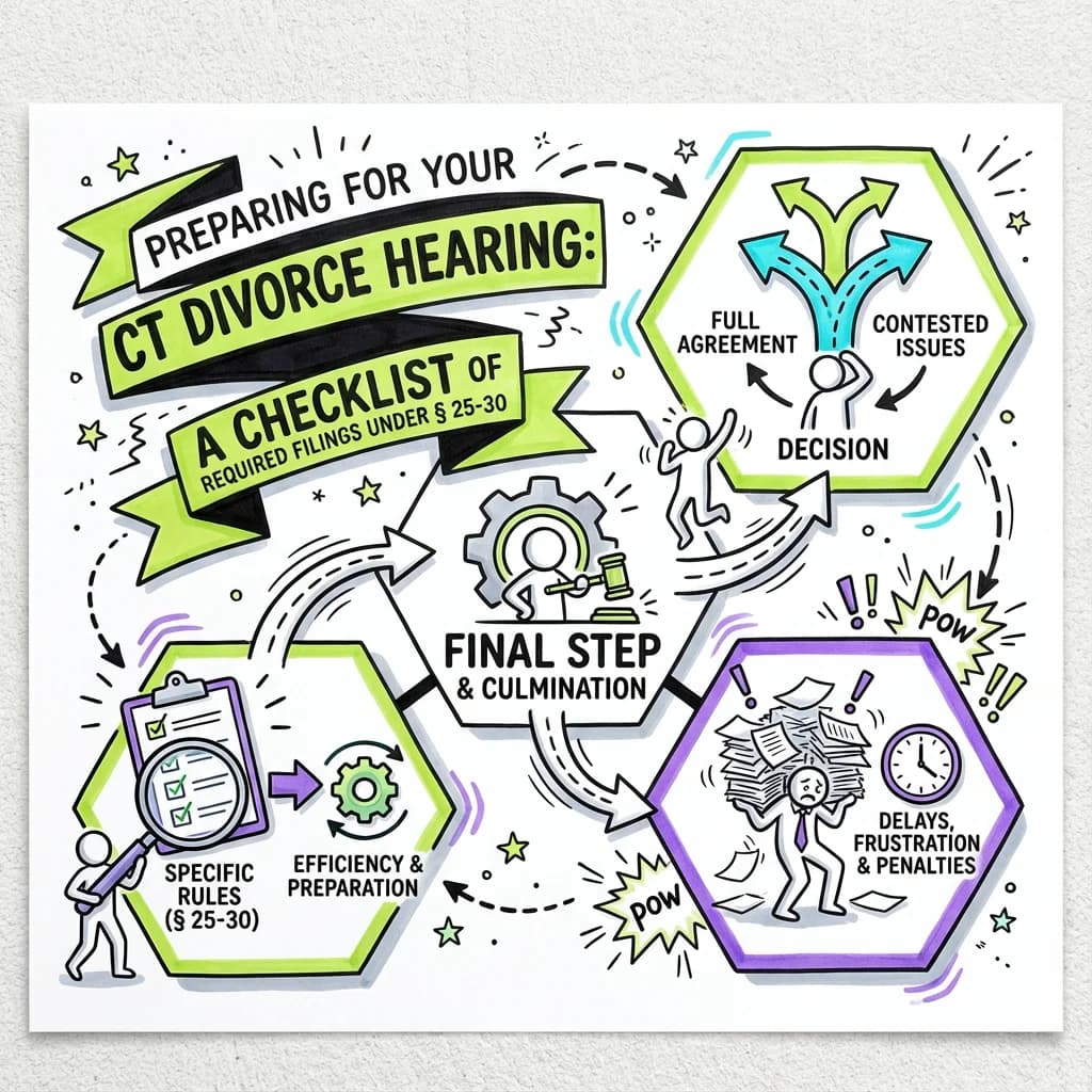 Sketchnote visual guide for Preparing for Your CT Divorce Hearing: A Checklist of Required Filings Under § 25-30