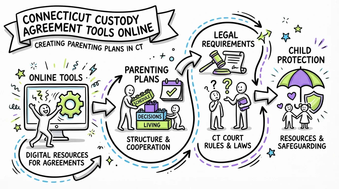 Visual overview showing the key steps and concepts for Connecticut Custody Agreement Tools Online | Creating Parenting Plans in CT in Connecticut