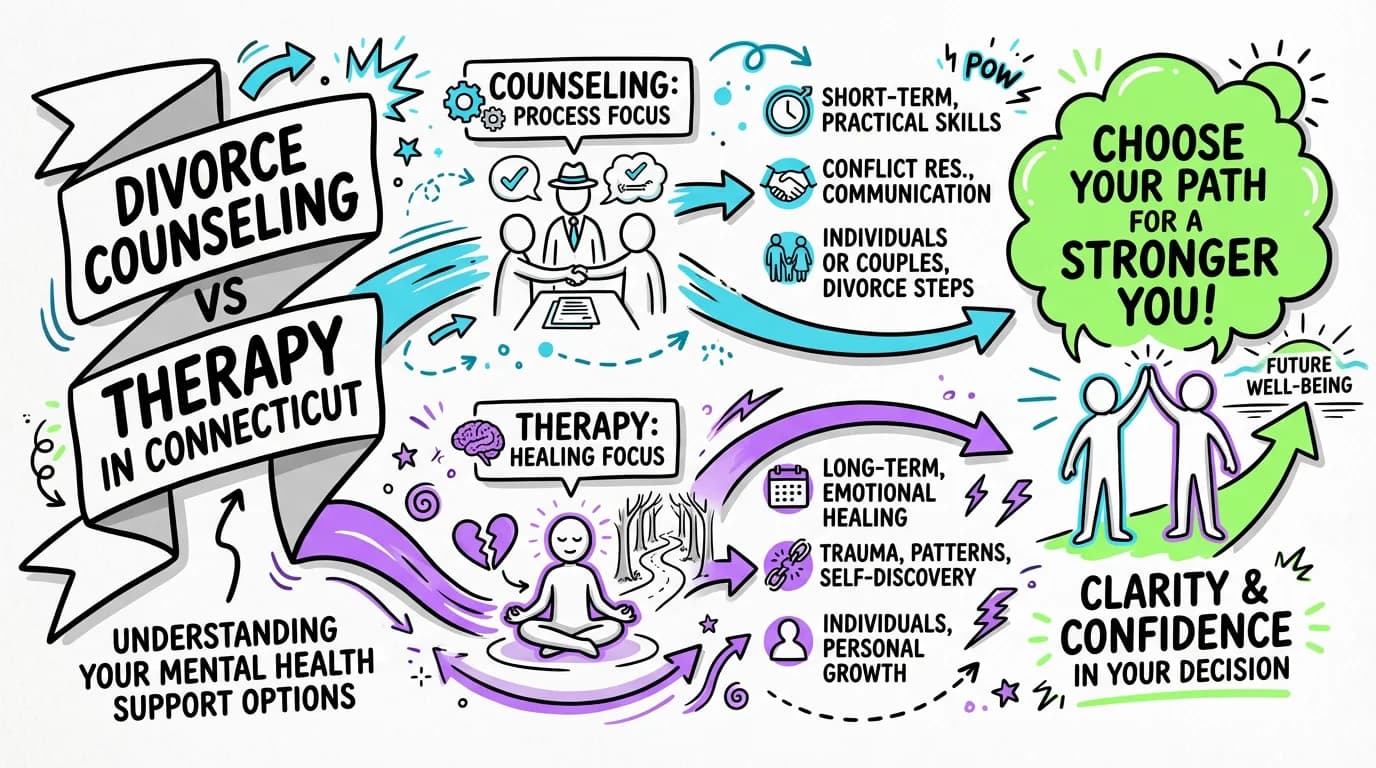 Visual overview showing the key steps and concepts for Divorce Counseling vs Therapy in Connecticut: Understanding Your Mental Health Support Options in Connecticut