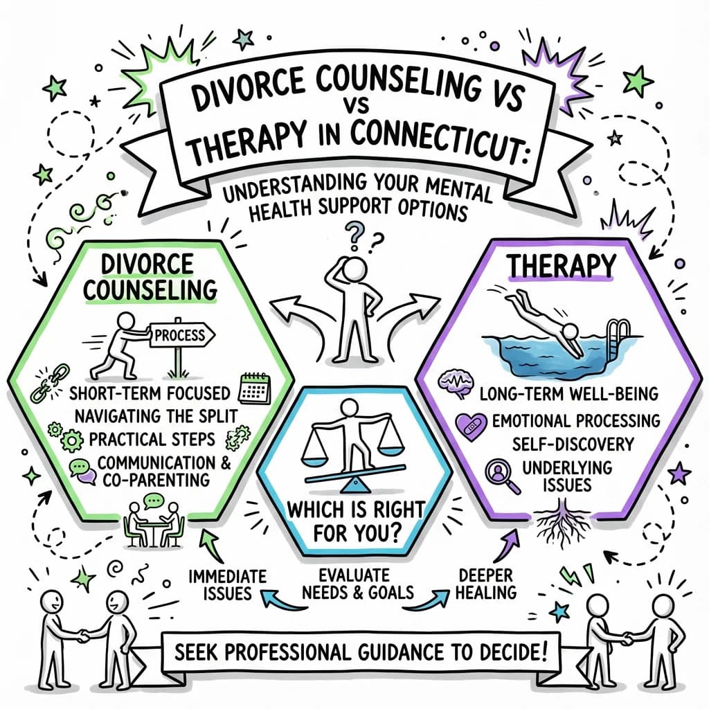 Illustrated guide summarizing the main points about Divorce Counseling vs Therapy in Connecticut: Understanding Your Mental Health Support Options