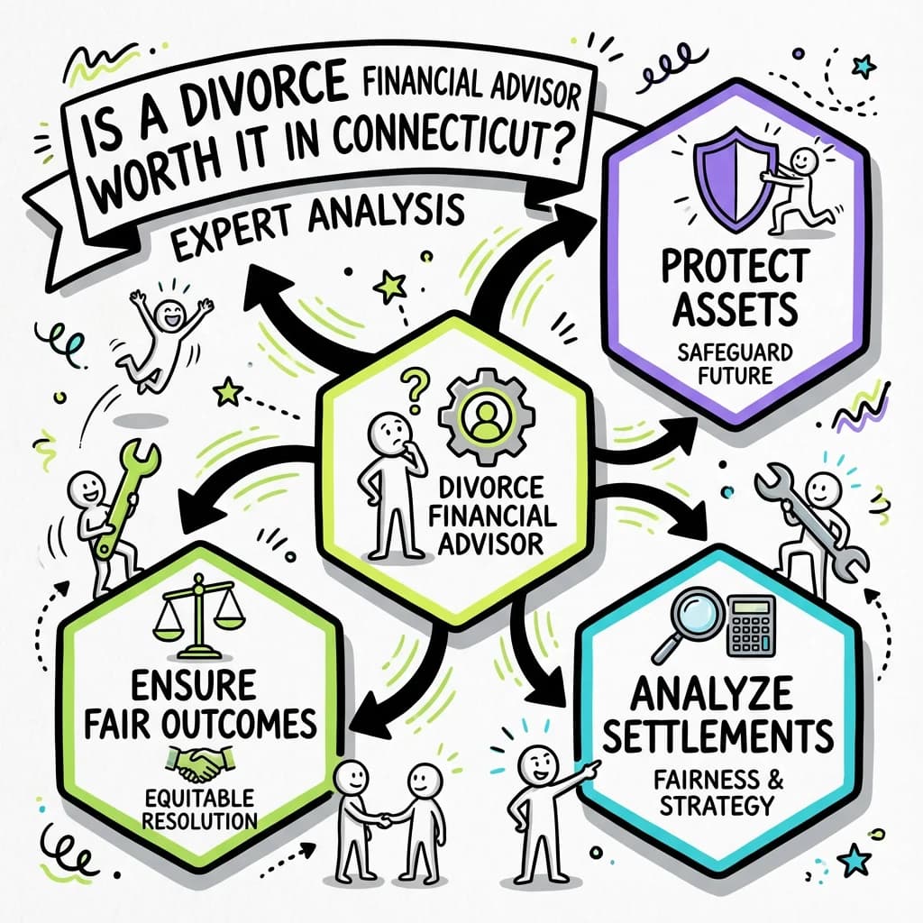 Illustrated guide summarizing the main points about Is a Divorce Financial Advisor Worth It in Connecticut? Expert Analysis