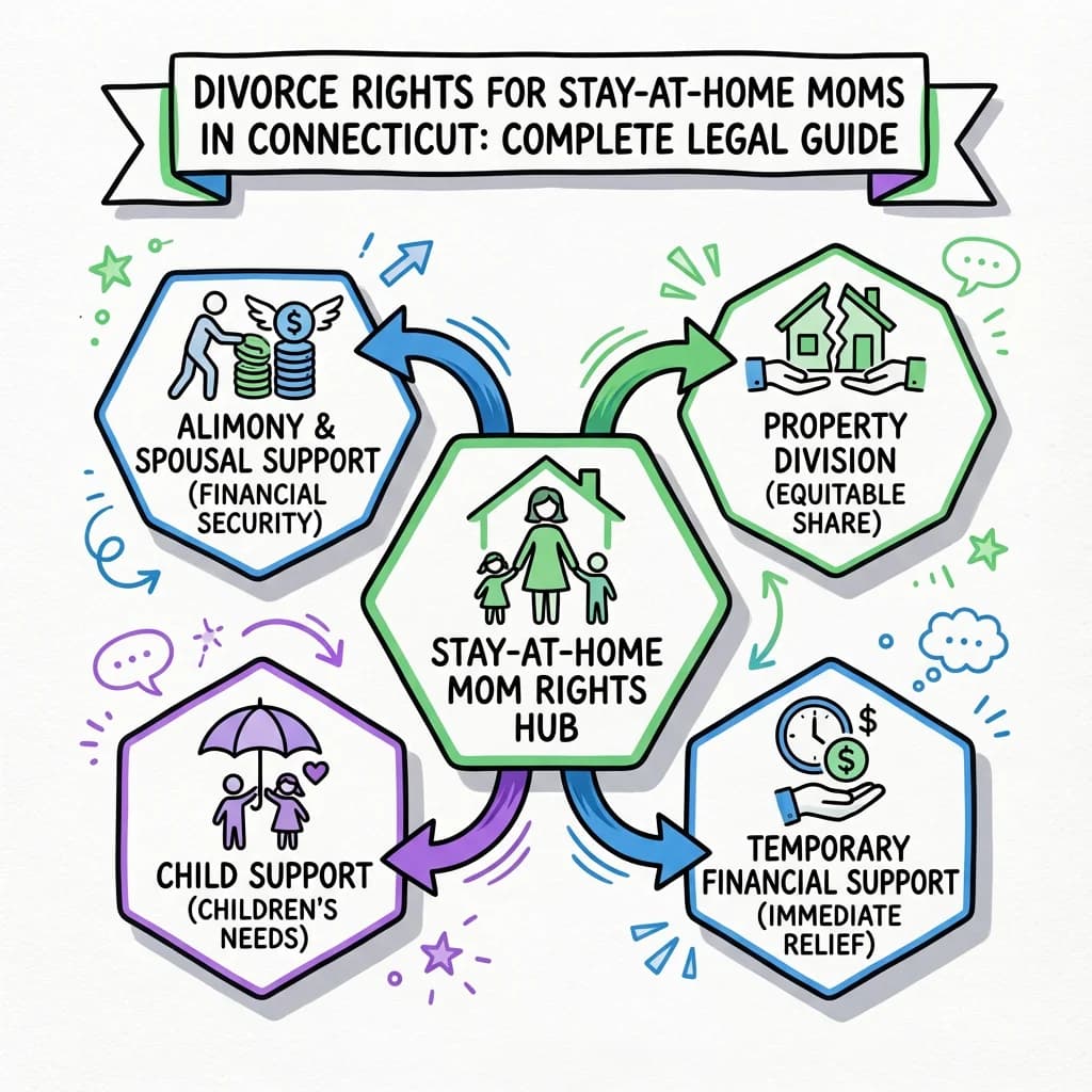 Illustrated guide summarizing the main points about Divorce Rights for Stay-at-Home Moms in Connecticut: Complete Legal Guide